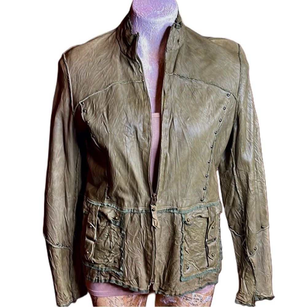 Pasha Veneto cactus Olive Green brass studded leather moto Jacket Sz M